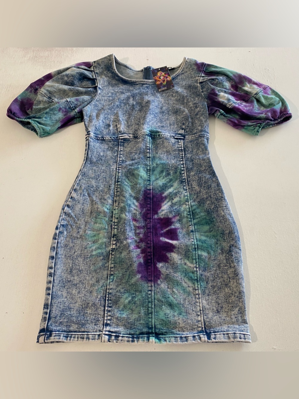 Haute Monde handmade Tie-Dye Puff Sleeve Denim Dress - Purple & Teal